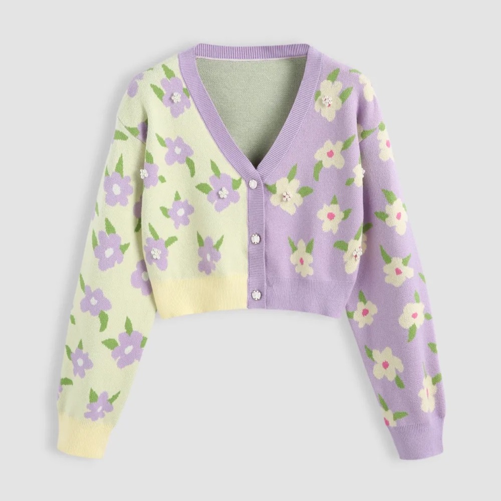 Two Tone Button Up Floral Faux Pearl Cardigan